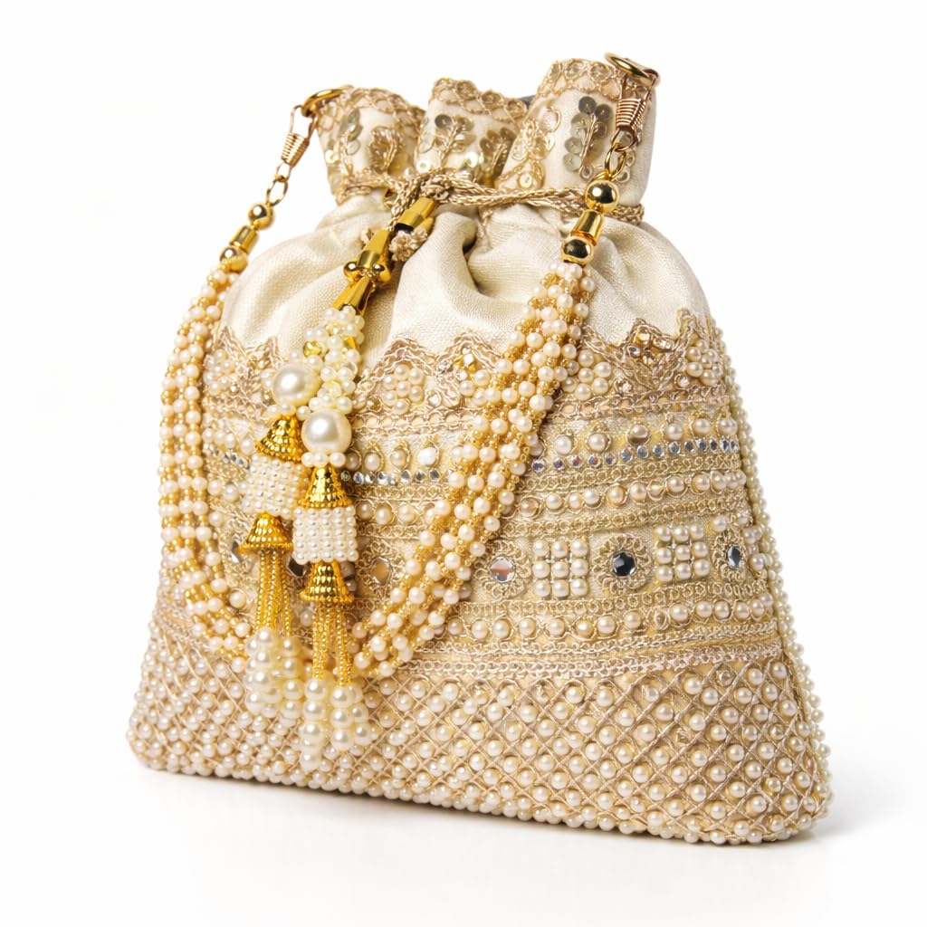 Women Pearl Potli Bag Golden Ivory Embroidered Bridal Batua Purse with Tassels, Ethnic Indian Wedding Party Handbag, Beaded Drawstring Clutch for Bride Festive Functions-image-21