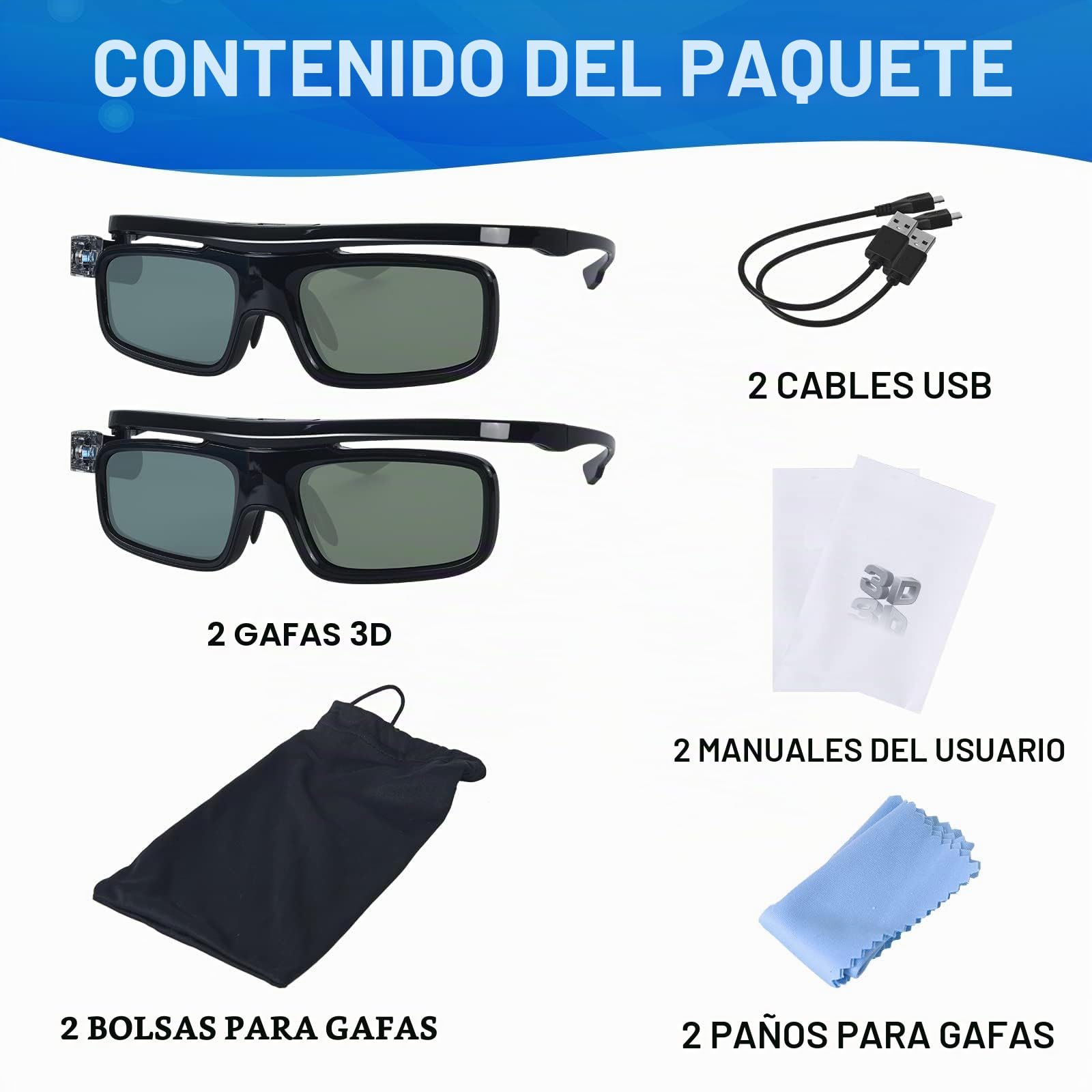 Gafas 3D, gafas de obturación activa 3D, recargables, adecuadas para proyector DLP Link 3D, 2 unidades