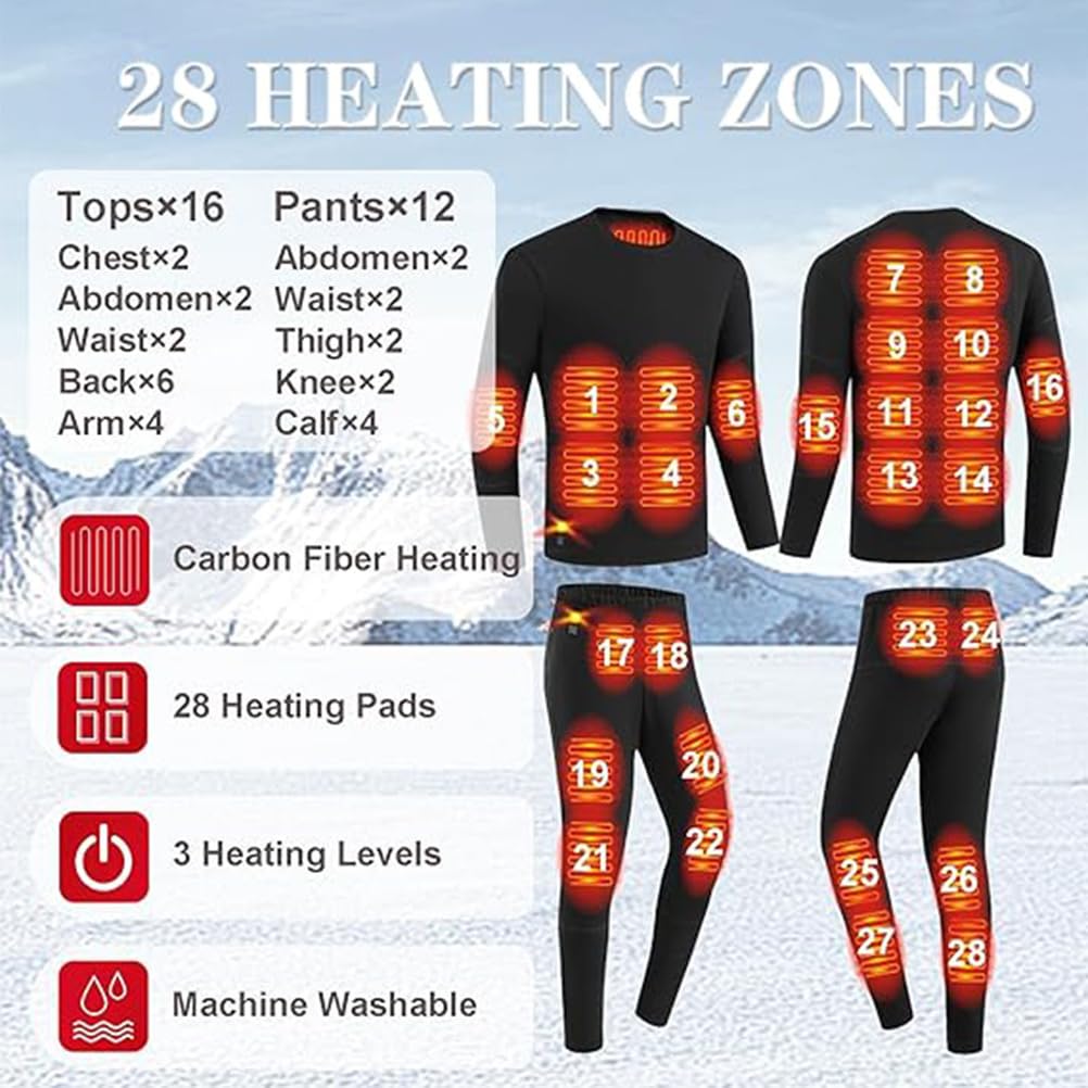 Conjunto de Ropa Interior Térmica Eléctrica para Hombre con 28 Zonas de Calentamiento Inteligente USB, Pantalones y Camiseta, Capa Base Térmica Lavable para Hombre para Invierno,Negro,S