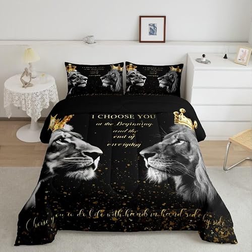 3D Lion Couple Comforter Set Queen Size,Golden Glitter King and Queen Crown Bedding Set for Kids Girls Women Men Bedroom Decor,African Wild Animals Quilt Set Valentine's Day Duvet Insert,Black