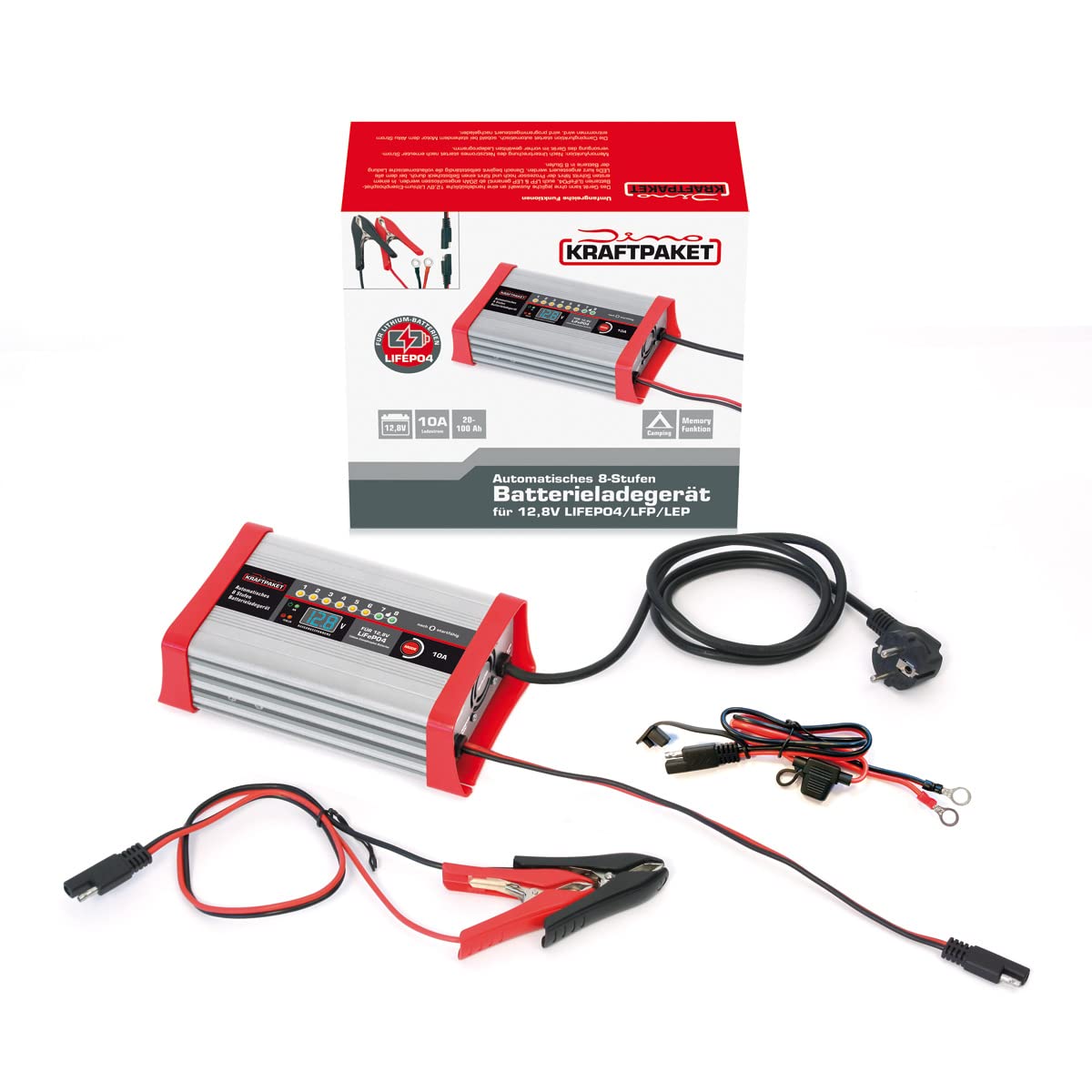 Dino KRAFTPAKET 10A-12.8V intelligentes und automatisches Batterieladegerät | Für LifePo4/LFP-Batterien | KFZ-Ladegerät für Lithium-Eisenphosphat-Batterien für Wohnmobil Wohnwagen, Boot, Auto