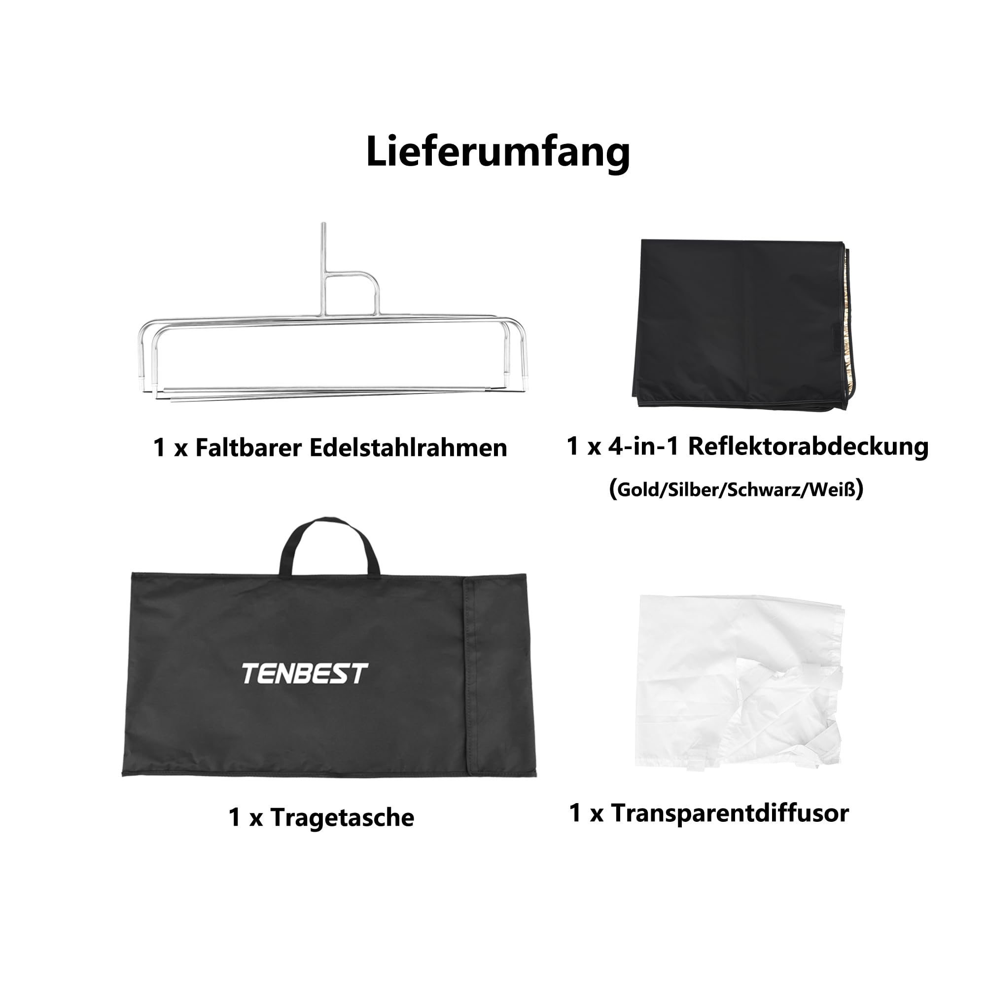 Fotografie-Lichtreflektor-Flaggen-Set, 75 x 90 cm, 4-in-1 Diffusor in Gold/Silber/Schwarz/Weiß und lichtdurchlässiger Diffusor, Faltbarer Edelstahlrahmen