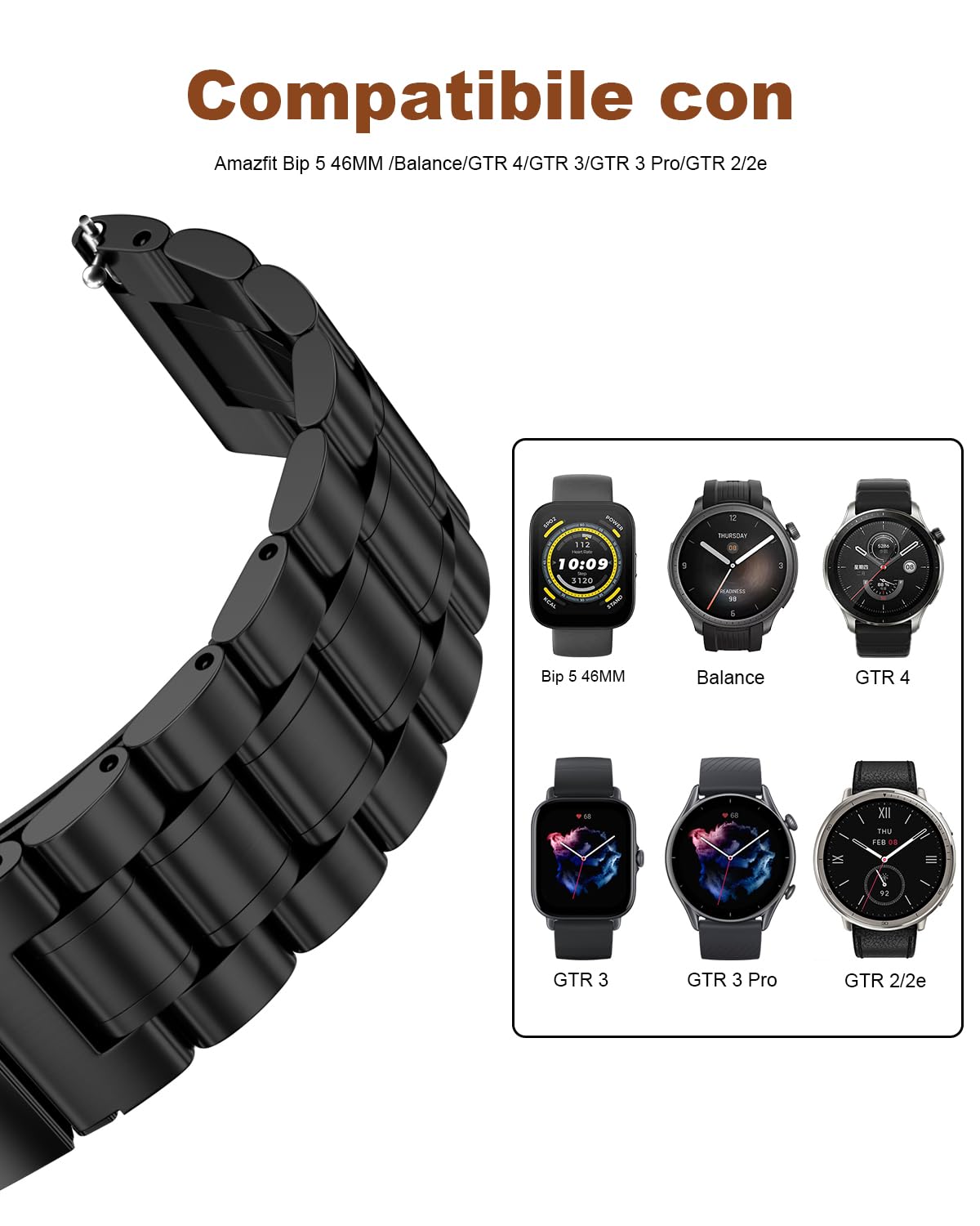 iHoxstrapie Cinturino Compatibile con Amazfit Bip 5 46mm, Bracciale in Metallo da 22mm in Acciaio Inossidabile Cinturino di Ricambio per Amazfit Bip 5