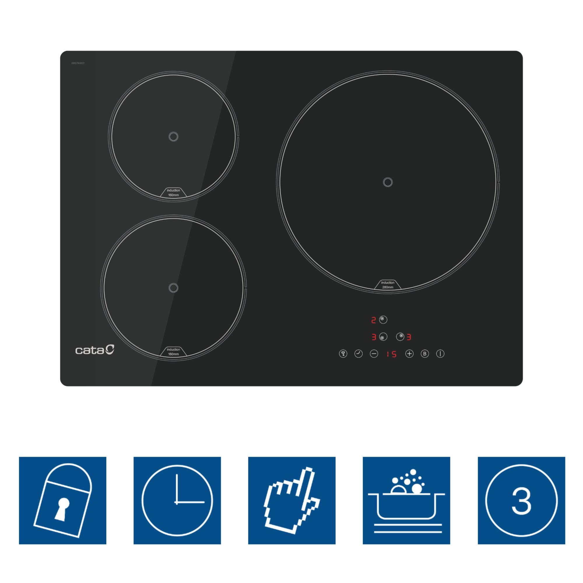 CATA Placa de Inducción IB 5003 BK, 60cm, 3 Zonas de Cocción, Control táctil, Avisador acústico, 9 niveles de Potencia + Booster, Temporizador, Color Negro