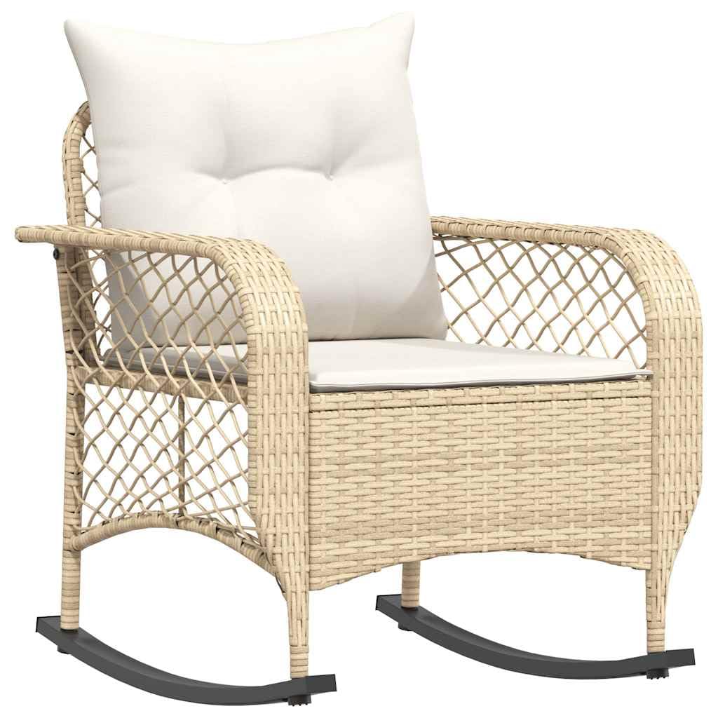 Silla mecedora de jardín beige, ratán sintético, acero, 67x75x75 cm, resistente a UVA, capacidad 110 kg
