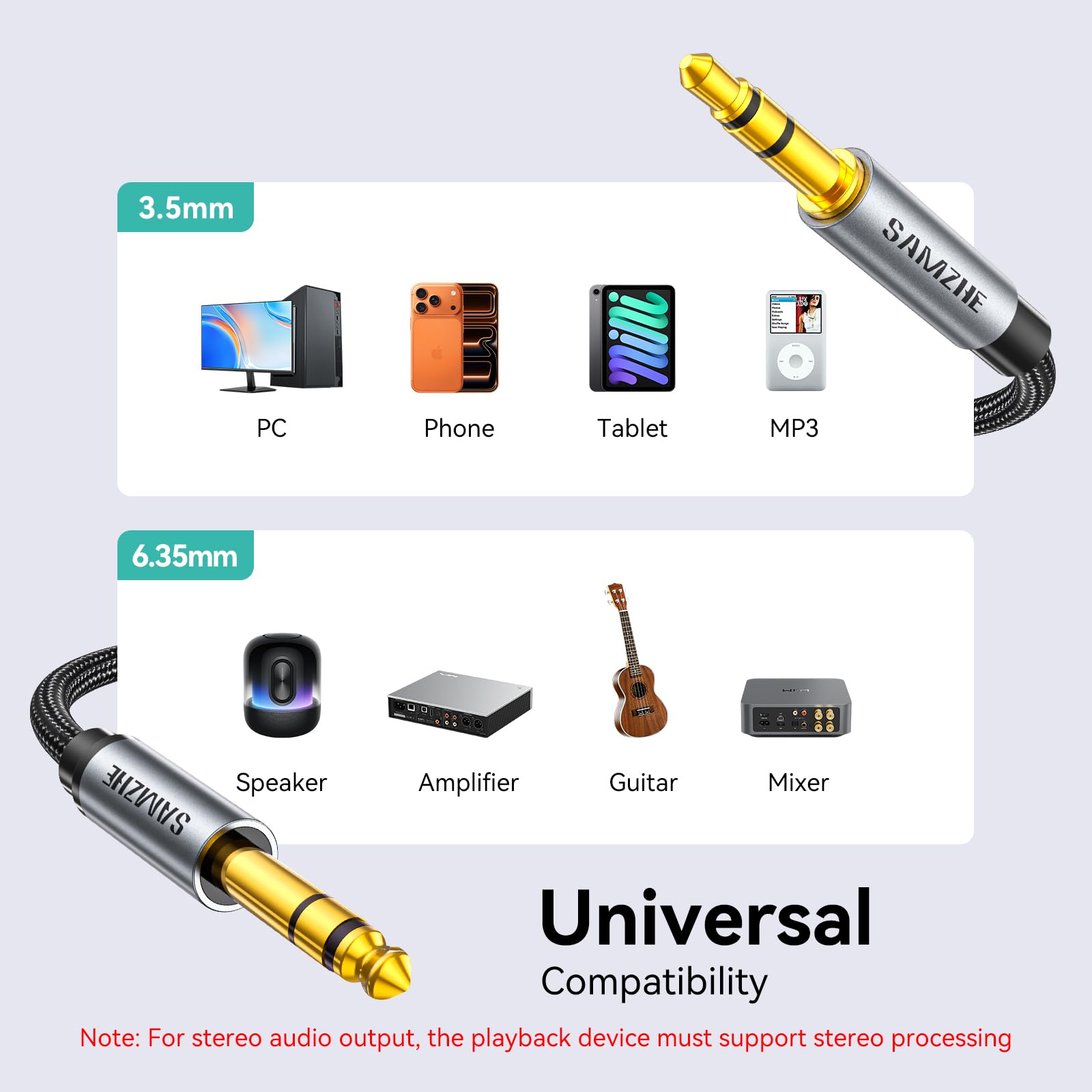 SAMZHE Cavo stereo da 1/8 a 1/4, da TRS da 3,5 mm a 6,35 mm, cavo audio da chitarra a AUX maschio, con alloggiamento in lega di alluminio e treccia di nylon, per chitarra, laptop, dispositivi home