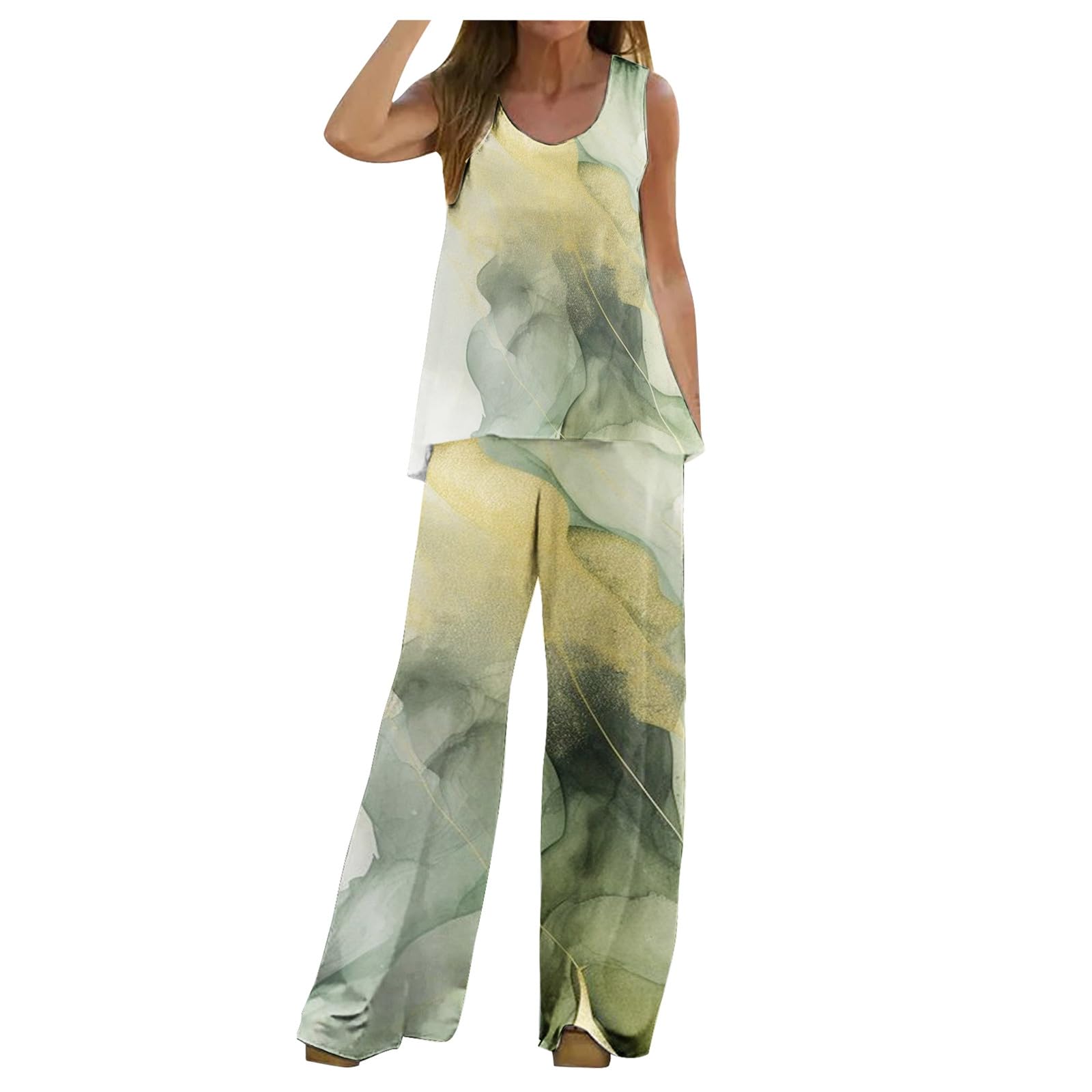 Generic uctor Mujer Casual Personalidad Impresión Digital Sin Mangas Top Elástico Talle Alto Pantalones Conjunto De Dos Piezas Mallas Negras Cintura