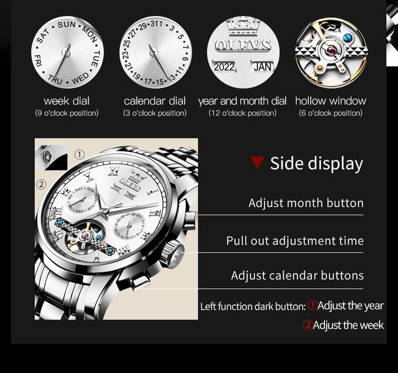 Miniatura 3 de OLEVS Reloj automático para hombre, cuerda automática, mecánica, de lujo, de acero inoxidable, multicalendario, impermeable, luminoso, reloj de