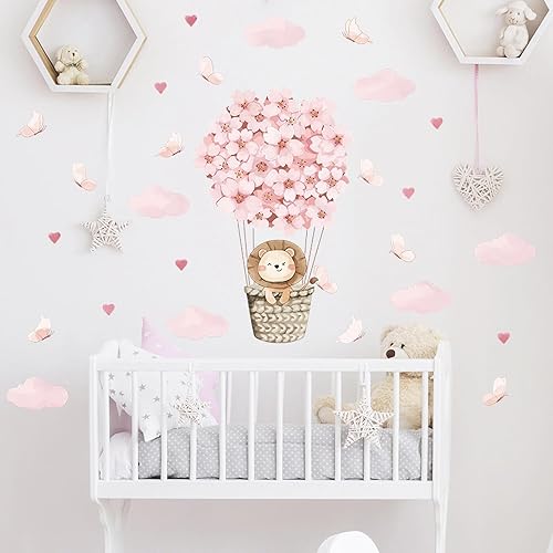 Calcomanías de pared de globo aerostático con diseño de cachorro de león, diseño de mariposa rosa, nube, corazón, bricolaje, calcomanías de pared