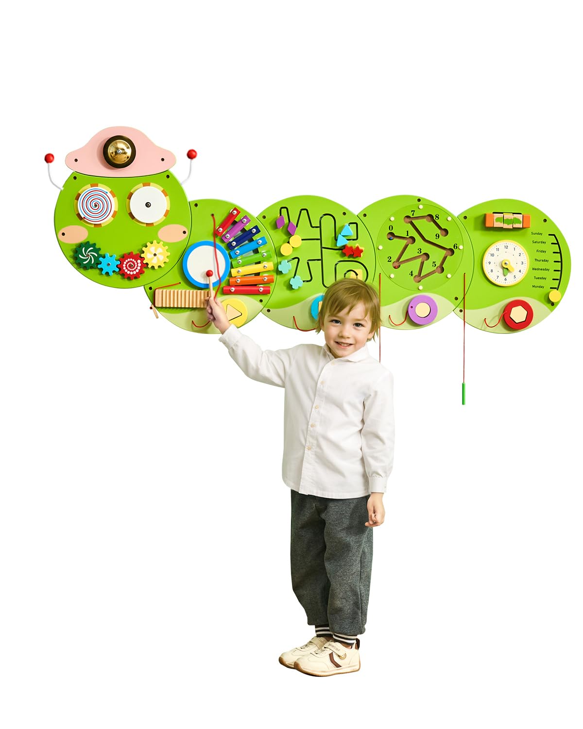 VEVOR Tablero Montessori de Pared de Oruga para Niños Pequeños 3 a 12 Años, Panel Sensorial con 12 Juegos Interactivos de MDF para Guardería Aula Motricidad Fina Sala de Juegos Infantil y Juego Diario