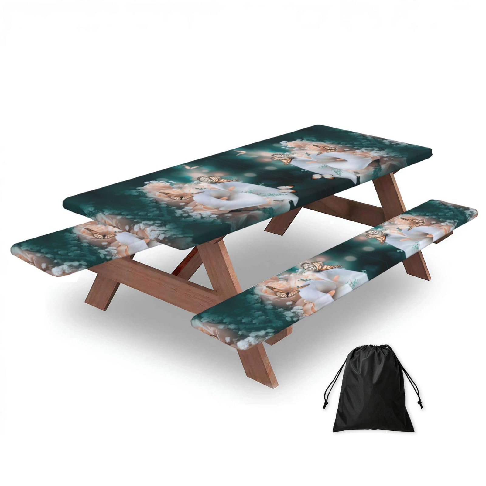 Flower And Butterfly Print 3 Pack Wipeable Picnic Bench Cover And Table Cover Lightweight Table Cloth For Camping Outdoor