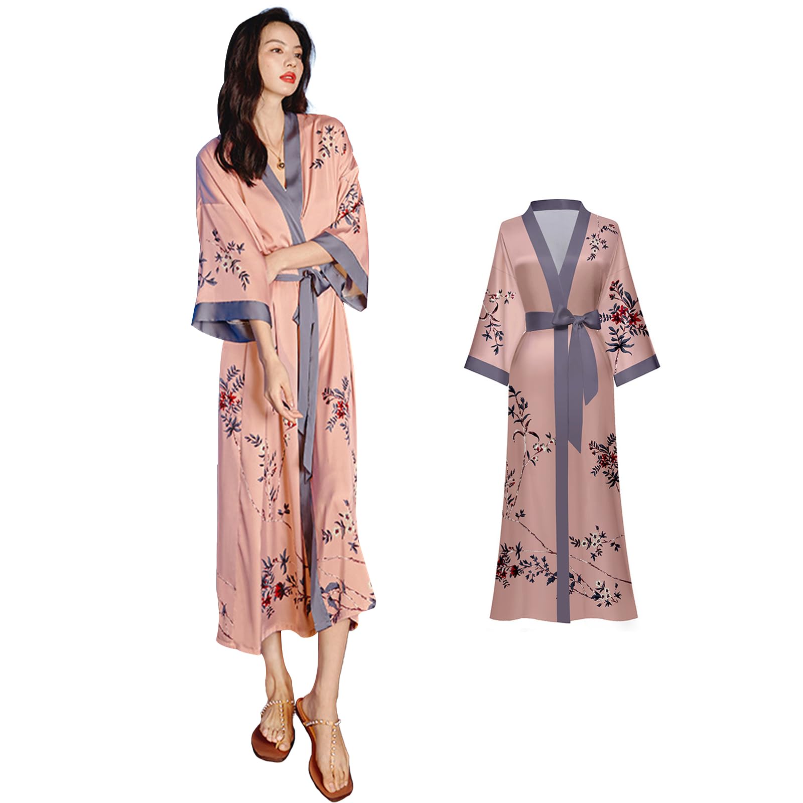 Women's Lightweight Silk Touch Bathrobe Summer Robe Homewear Long Gown Single Piece Nightgown Lace Satin Yukata Lightweight Above Knee Long Robe for Women Pink Large
