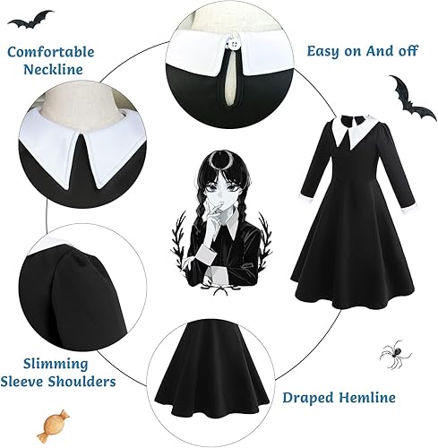 Miniatura 2 de Digi Halloween Wednesday Addams Costume Girls Dress,Halloween Birthday Cosplay Costumes for Kids 4-12 Years