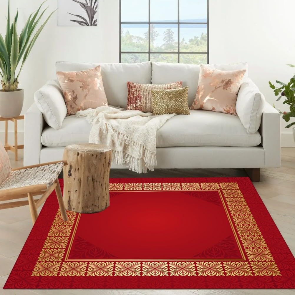 Red Gold Vintage Floral Frame Greek Style Decor Square Area Rugs 8x8 Machine Washable Non Slip Soft Thin Comfort Rug for Living Room Bedroom