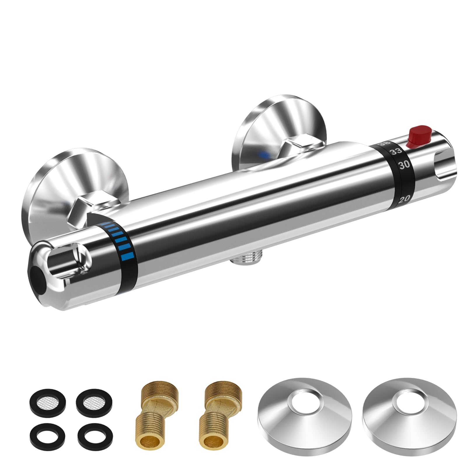 LADOKEE Mitigeur Douche, Robinet Thermostatique Douche avec Bouton de Sécurité 38 °C, Anti-brûlure, Entraxe 150mm, Raccord G 1/2, Laiton, Température Réglable 20-50°C, Chromé, pour Salles de Bains