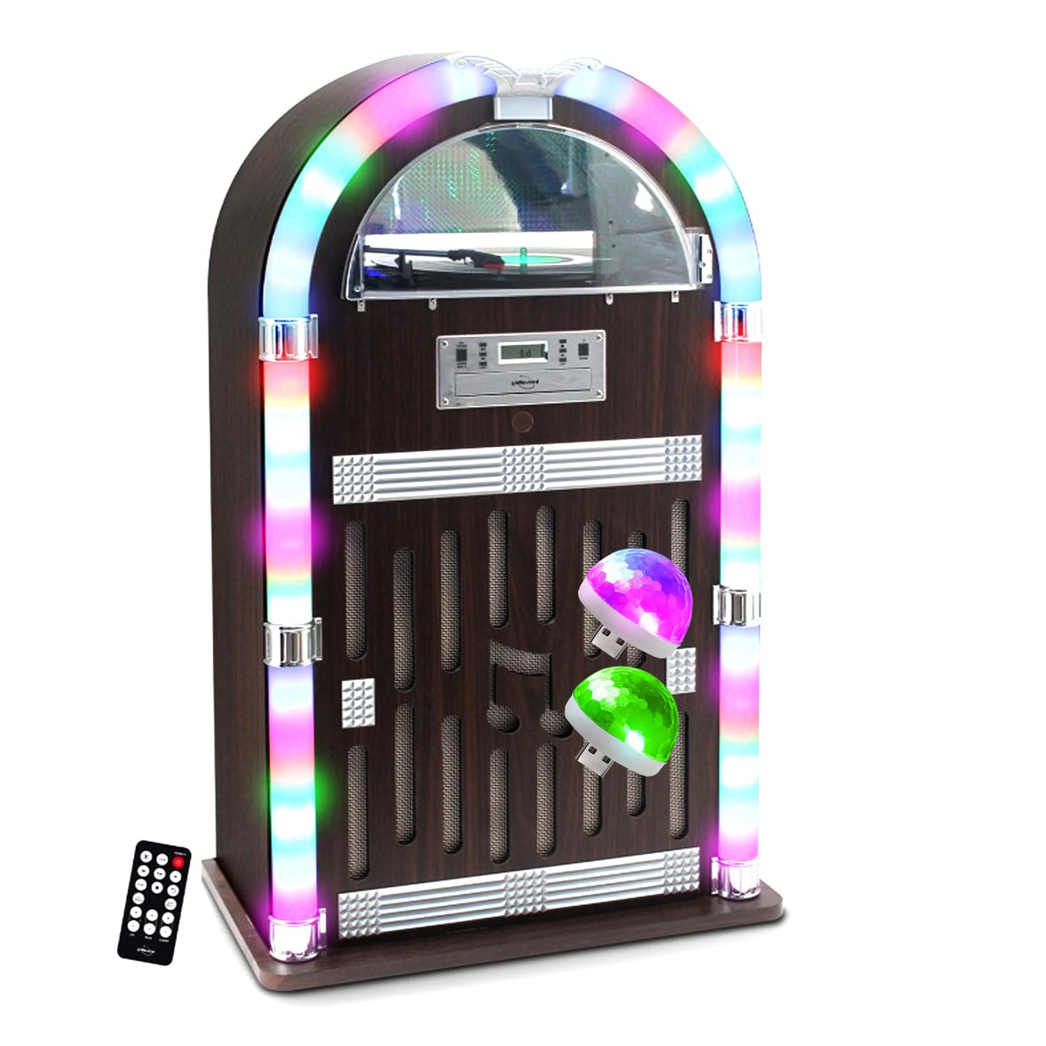 BM SONIC Chaîne HiFi Jukebox Retro Bar PUB Vintage 87,5cm de Hauteur - 60W avec Tourne Disque Vinyle Bluetooth CD FM, 2 Boules Disco LED