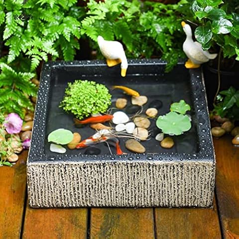 UVCMDUI Imitation Stone Trough Fish Pond Ornaments,Resin Material Open Mold Engraving Farmhouse Style Garden Patio Small Courtyard Decorate Fish Tank (15.7 * 15.7 * 5.1In) Cover
