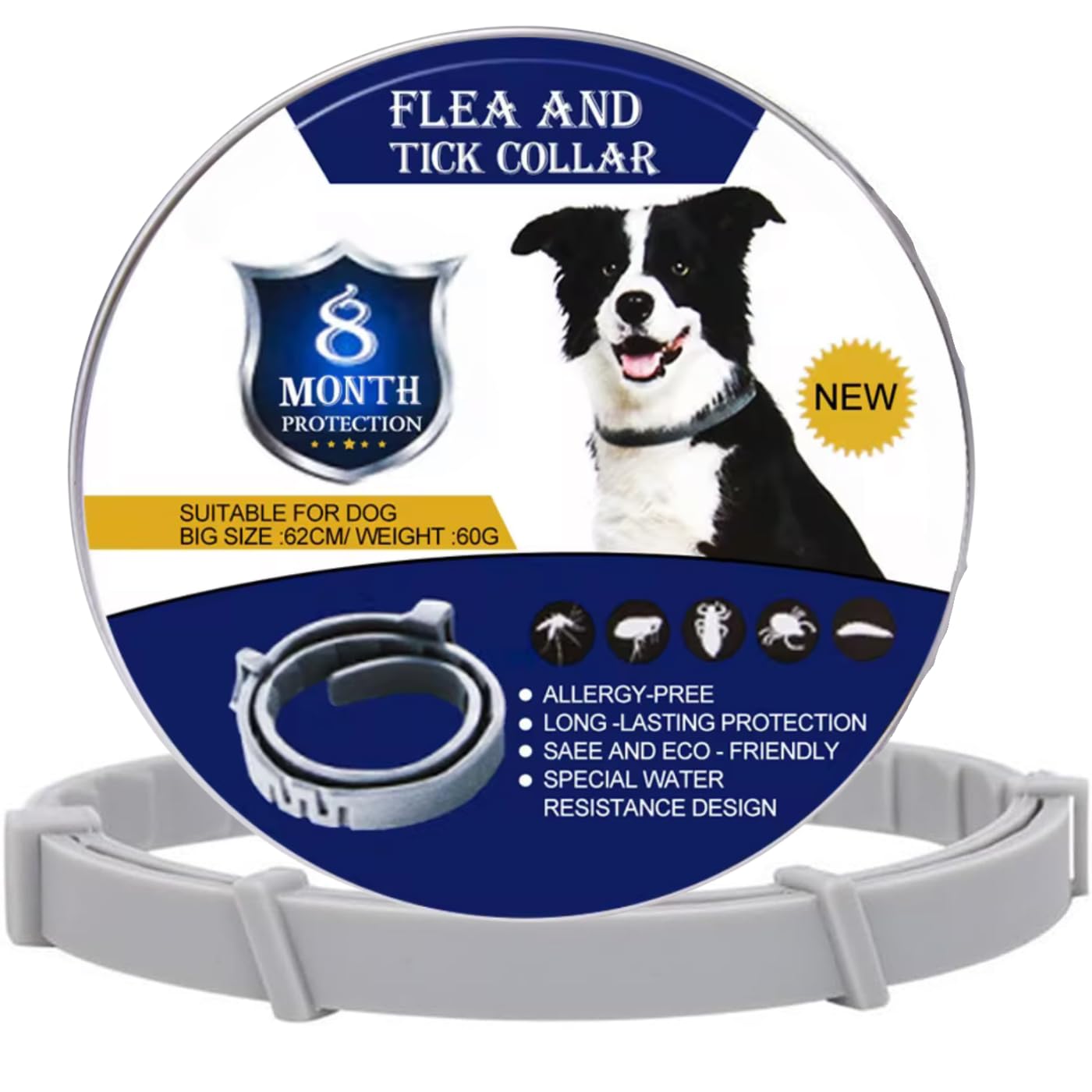 Collar Antiparasitario Perros, Eficaz y Seguro, 8 Meses de Proteccion - 62 cm para Perros Pequeños, Medianos y Grandes, Collar Antipulgas Perros, Collares Antiparasitarios para Perros