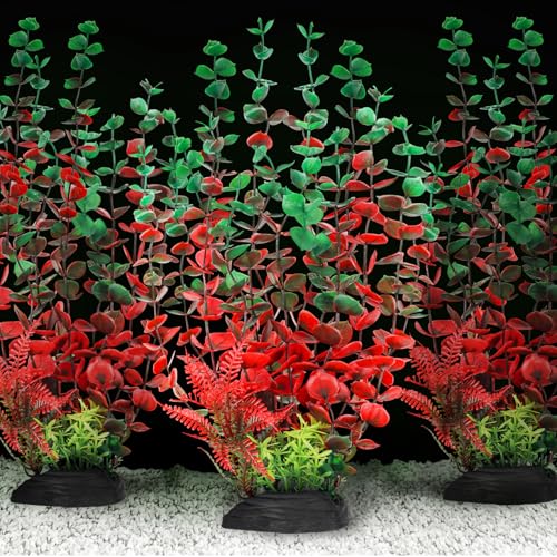 QUOZUO Aquarium Large Plants Decoration, Aquarium Decorations Artificial Plastic Plants, Dark Red Fish Tank Accessories 3pcs