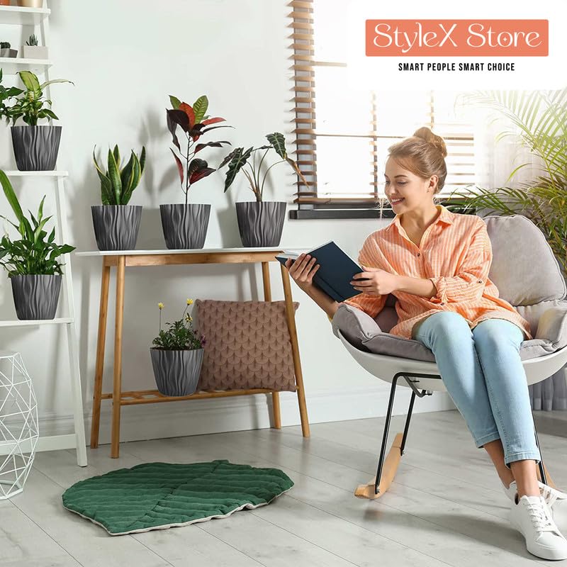 Image of StyleX Store Plastic Round Flower Pots with Drainage Hole Saucers | Durable Outdoor Indoor Wave Pattern Planter with Tray | Plant Container for Balcony, Garden, Office, and Home (Set of 5, Grey)