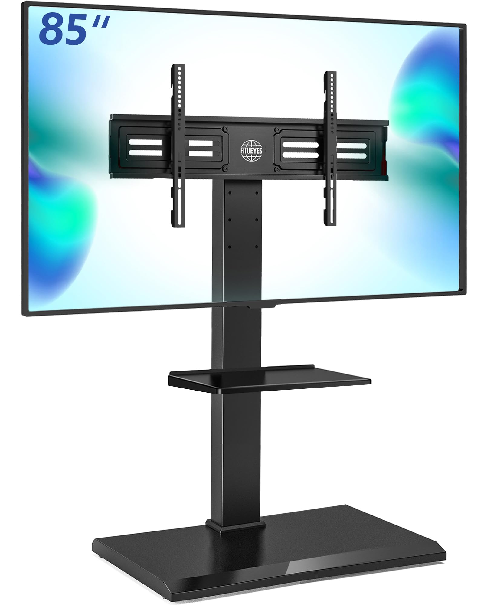 FITUEYES Porta TV da Terra Ferro Base per 50-85 Pollici, Girevole Supporto TV da Pavimento con 2 Ripiani, Supporto TV da Terra Max VESA 800x400mm