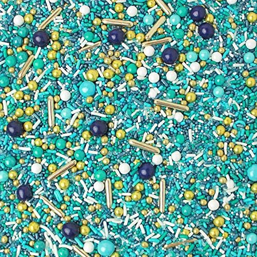 Sea Glass Sprinkles Mix| Father’s Day Boy Summer Ocean Beach Cake Cupcake Cookie Sprinkles| Ice Cream Candy Sprinkles| Navy Blue Teal White Edible Gold Metallics Colorful Sprinkles, 4oz