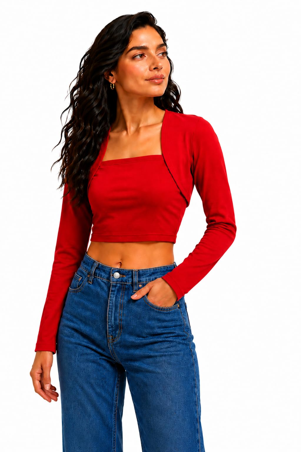 SHEYARA Women's Long Sleeve Crop Top with Attached Shrug | Square Neck Stretch Top | Casual Solid Fitted Crop Top for Women & Girls-picture-29
