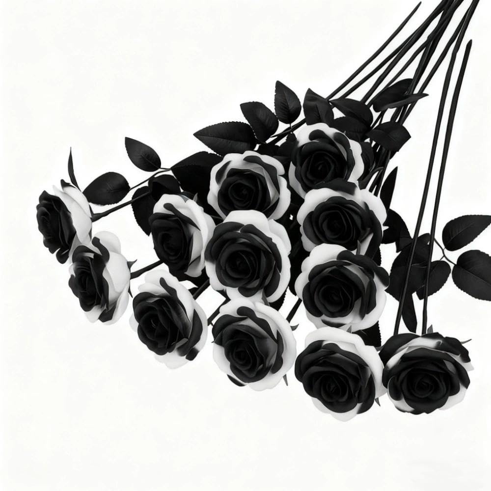 10 Pcs Artificial Roses, Black White Fake Roses Artificial Flowers, with Stems Fake Artificial Black White Roses Silk Flowers, for Home Garden Party Hotel Office Decor โ image 1
