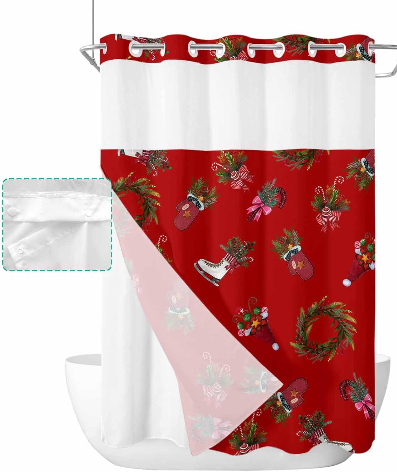 No Hook Shower Curtain, Christmas Hat Pine Wreath Socks
