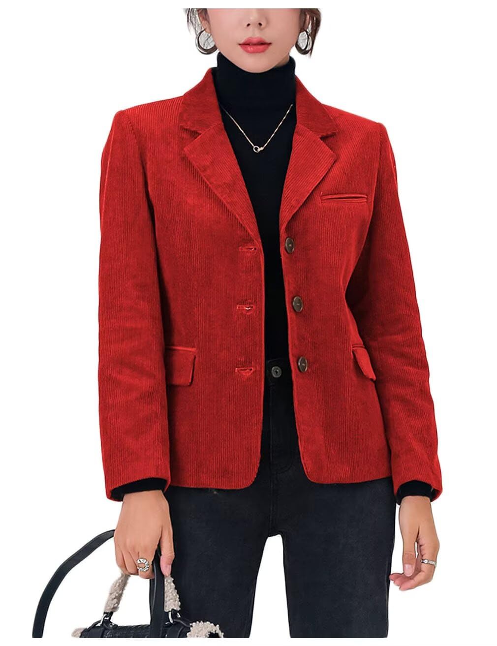 Corduroy Casual Blazer for Womens Lapel Collar Button Front Long Sleeve Vintage Business Jacket