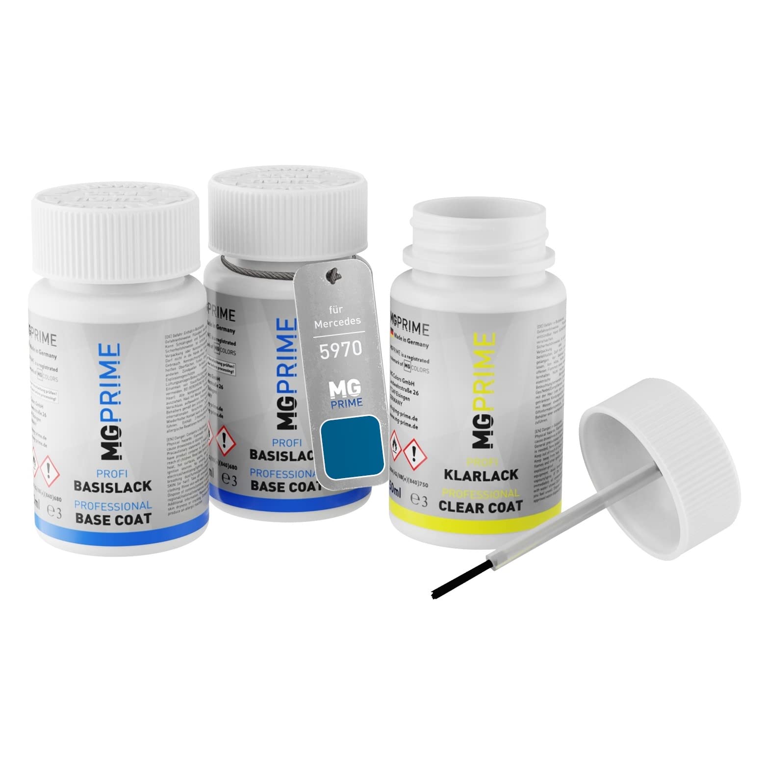 MG PRIME Vernice per auto Kit stilo di ritocco per Mercedes 5970/970 Spektralblau Metallic/Starling Blue Metallic Vernice di fondo vernice di base vernice trasparente ognuno 50ml
