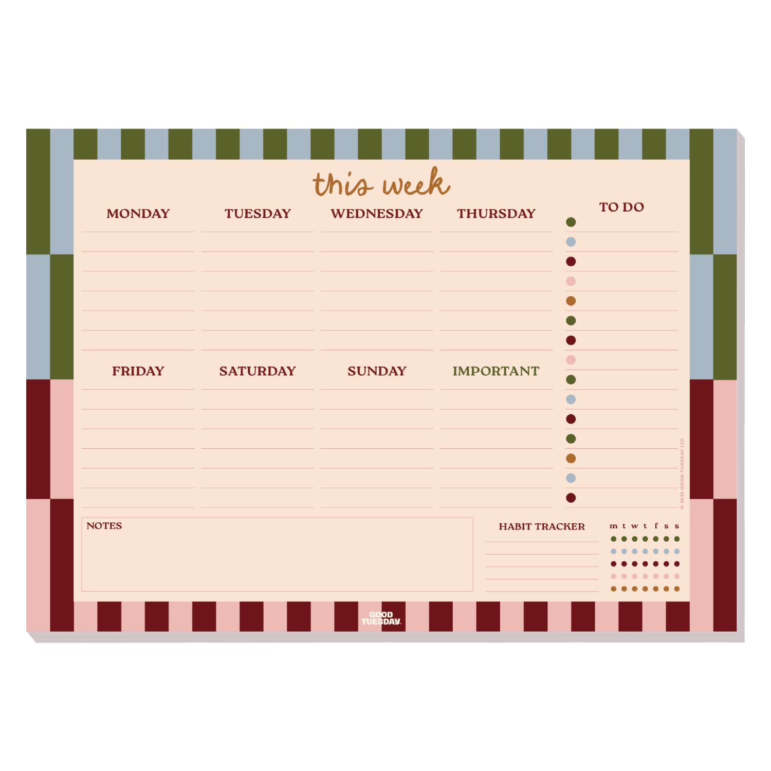 Good Tuesday A4 Weekly Undated Planner Pad, 52 Tear-Off Pages, Boho Nouveau Design, Recycled Matte Paper, Ideal for Students & Offices, UK Made