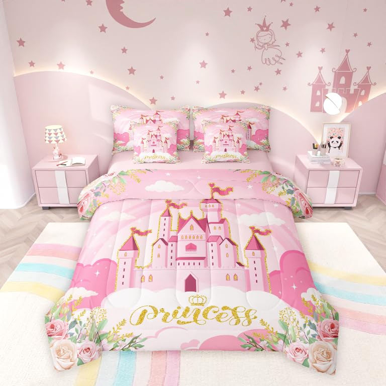 Girls Princess Comforter Set 7 Pieces Reversible,Cartoon Castle Pink Bed Set,Dreamy Fairy Tale Bedding Soft Microfiber Full (1 Comforter,2 Pillowcase,2 Pillow Covers,1 Flat Sheet,1 Fitted Sheet)