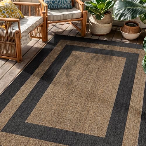 Rugshop Geometric Border Indoor Outdoor Flat Woven Area Rug,Natural Jute-Style,Easy-Care Patio Rug for Backyard Porch Deck Balcony, 4' x 6' Dark Gray/Natural