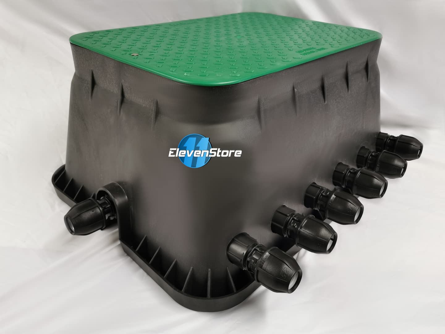 Black With Green Lid Generic Valve Box Pro 6 Zones - 6X Hunter Pgv101 With Flow Regulation, Right Connections 25 Mm - 3/4 Pe Pipe Professional Irrigation