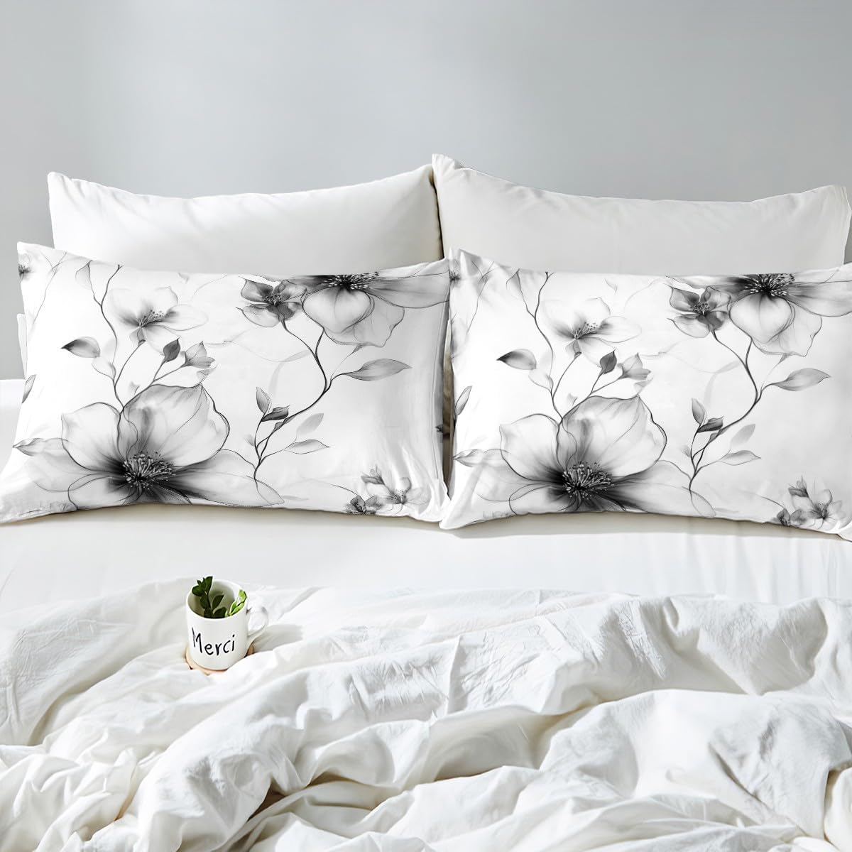 Erosebridal Black and White Duvet Cover Full, Boho Floral Bedding Set for Women Men Adults Teens Bedroom, Artistic Watercolor Flower Bed Set, Ink Painting Style Blossom & Leaf Comforter Cover