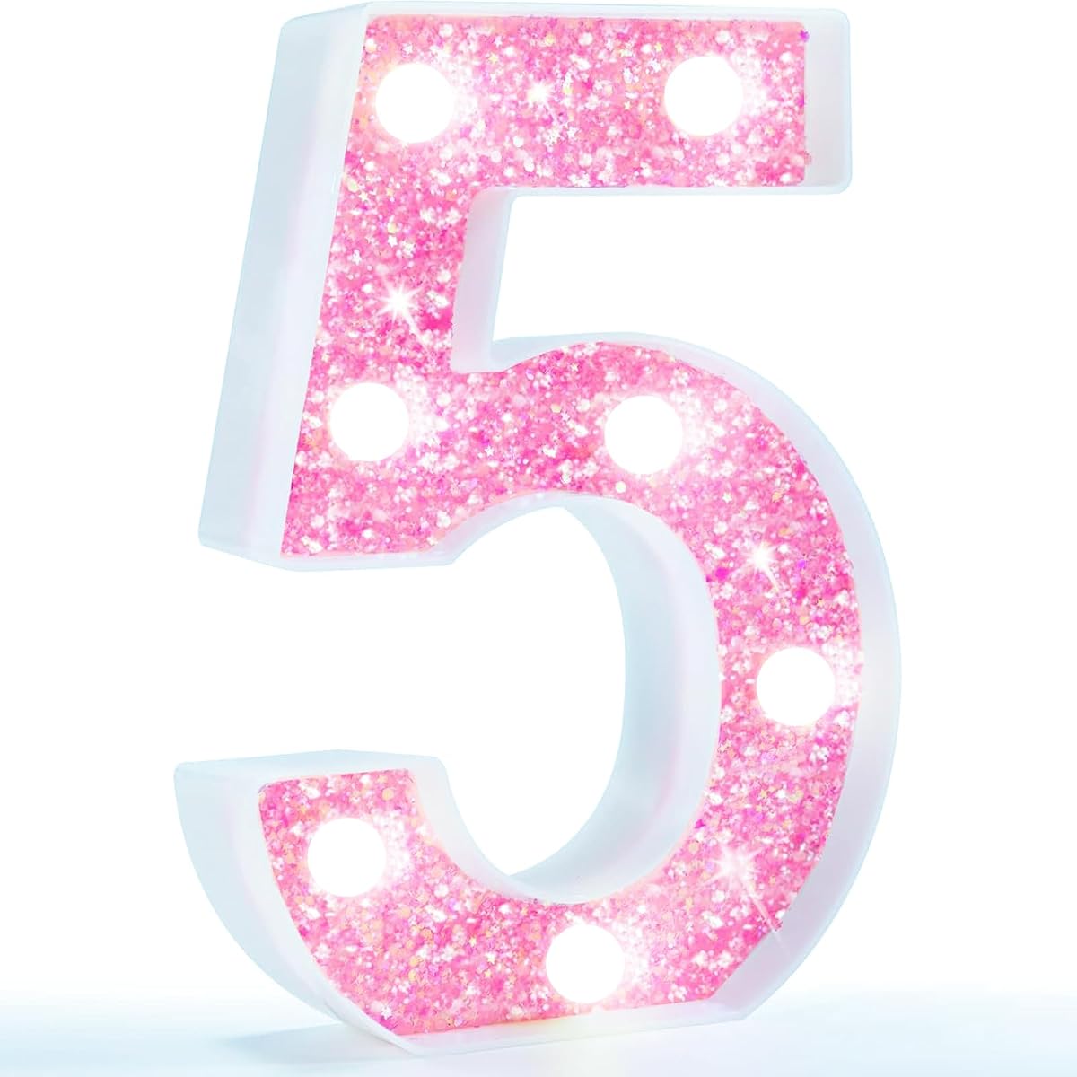 Pooqla Pink Number 5 Lights - Battery Powered Glitter Night Light for 5th