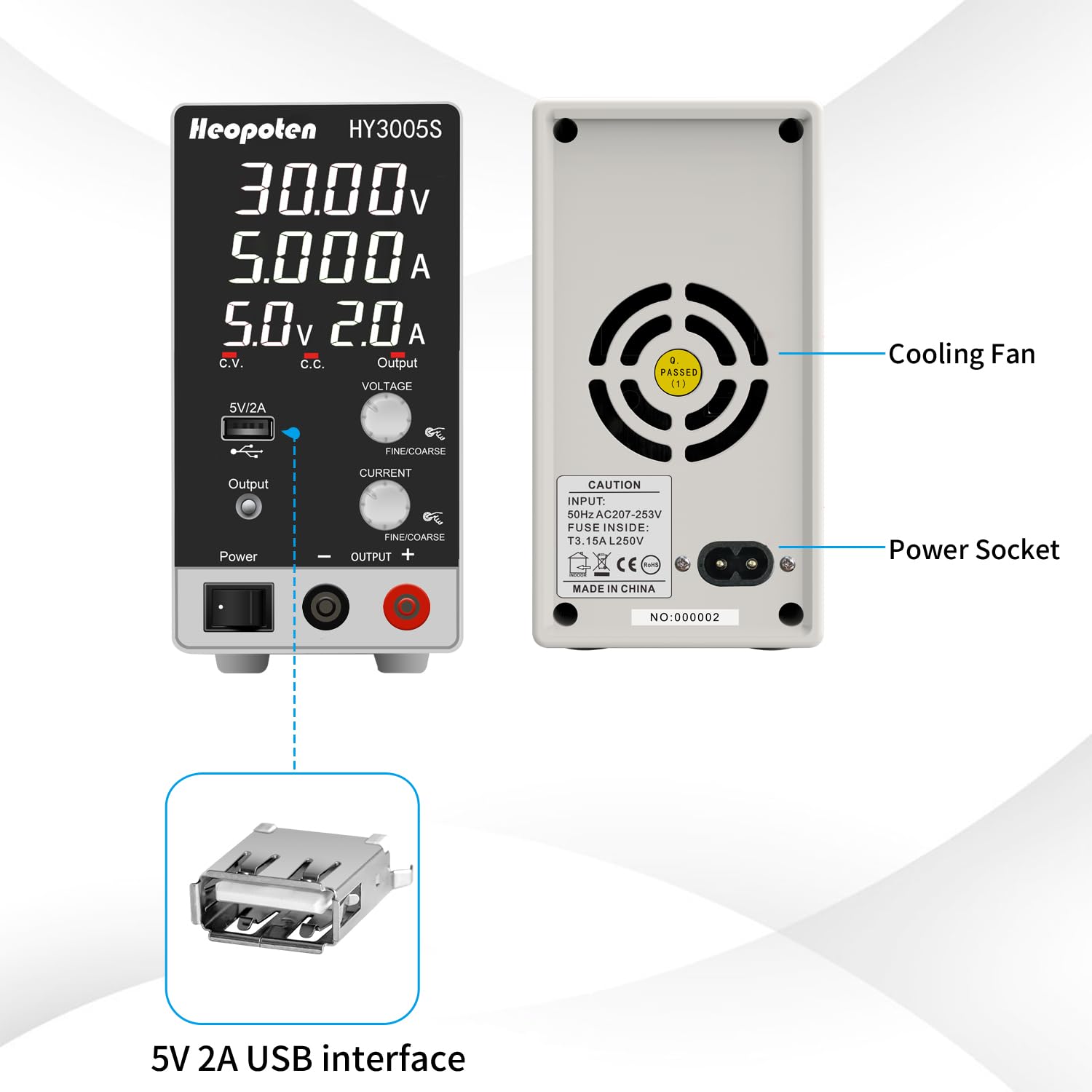 Labornetzteil HEOPOTEN 30V 5A DC Regelbar Netzgerät mit 4-stelliger LED-Vollanzeige der Spannungs- und Stromwerte, 5V2A USB-Ausgang, Alligatorkabeln und Netzkabel