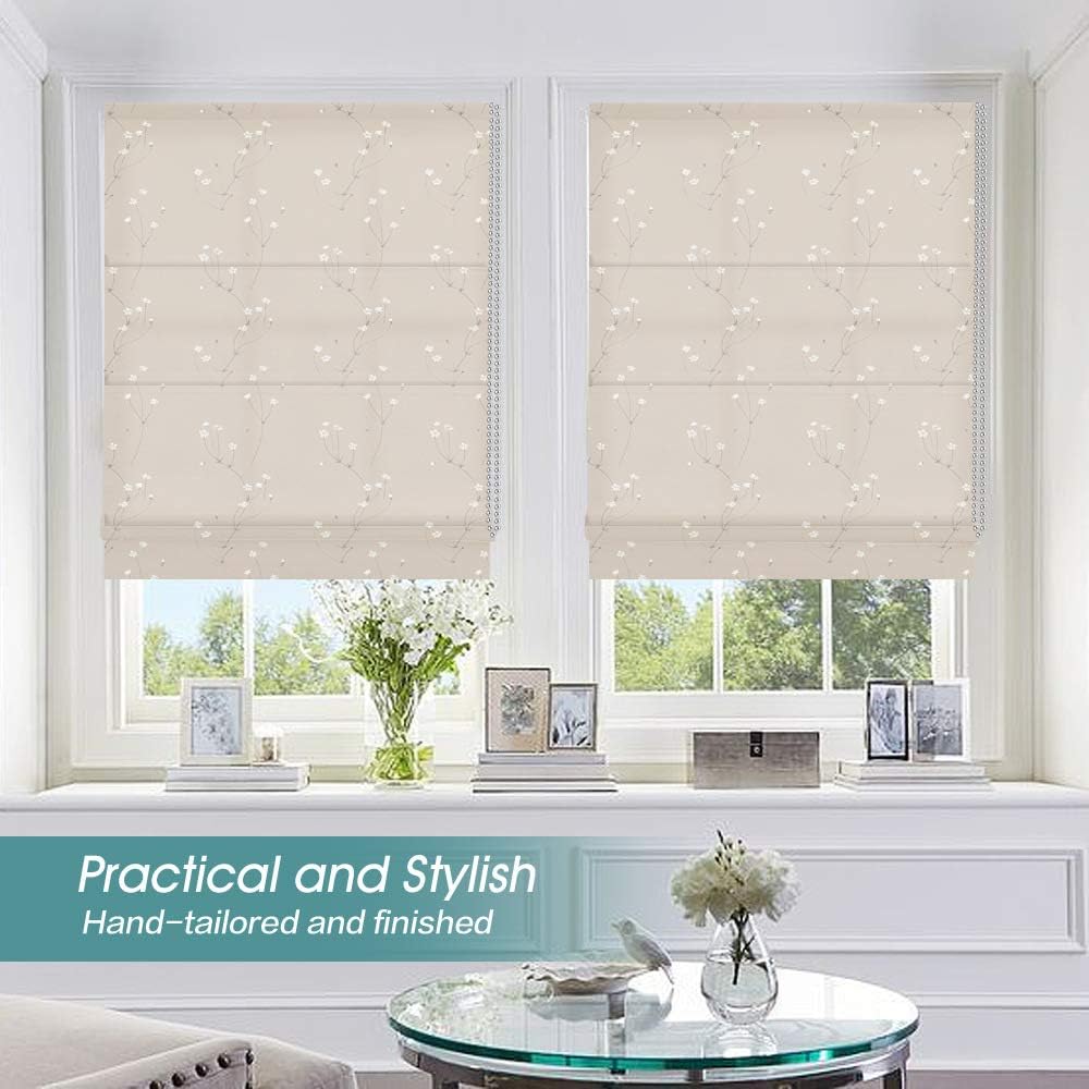 Grneric Cordless Roman Shades Window Shades, Tan Floral Blackout Light Filtering Custom Window Roman Blinds, 10% Linen Fabric Roman Shades for Windows, French Doors, Doors, Kitchen Windows