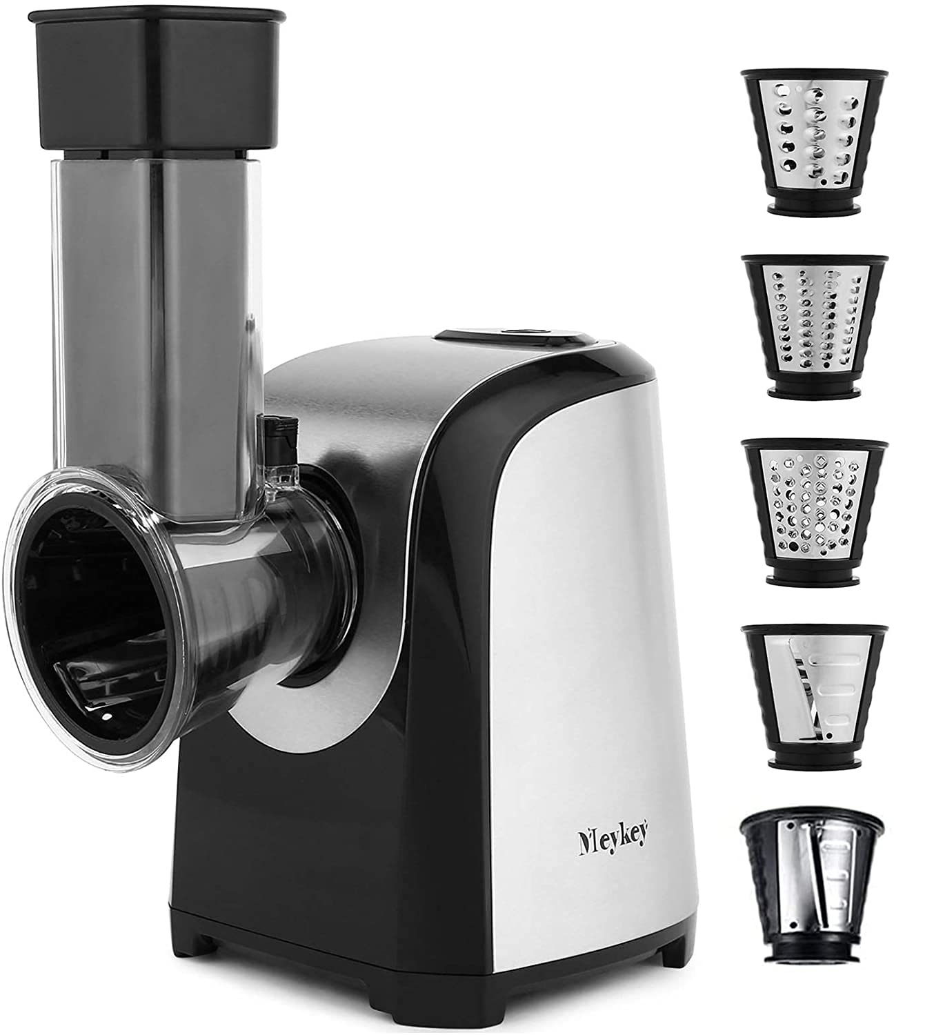 Meykey Grattugia elettrica per frutta e verdura, taglierina per verdure da 150 W, grattugia elettrica con 4 accessori in acciaio inox, senza BPA