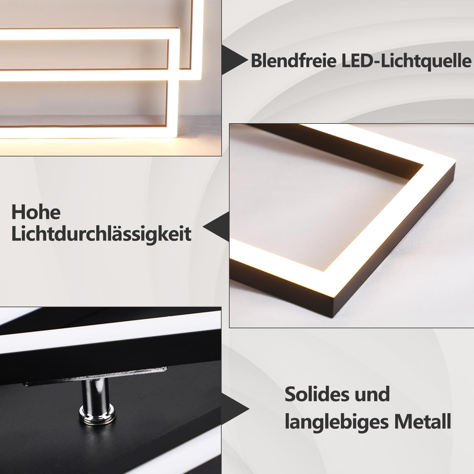 Homefire Deckenlampe Wohnzimmer LED Deckenleuchte: 36W Modern Küchenlampe | Stufenloses Dimmbar 3000K - 6500K Schwarz Wohnzimmerlampe mit Fernbedienung Deckenbeleuchtung für Küche Schlafzimmer