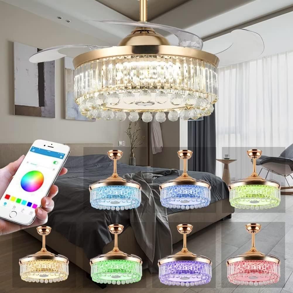 42" Gold Crystal Chandelier Ceiling Fan with Light Remote Control, Modern Retractable Fandelier with Bluetooth Speaker 6 Speeds 7 Dimmable Lights for Bedroom Living Room