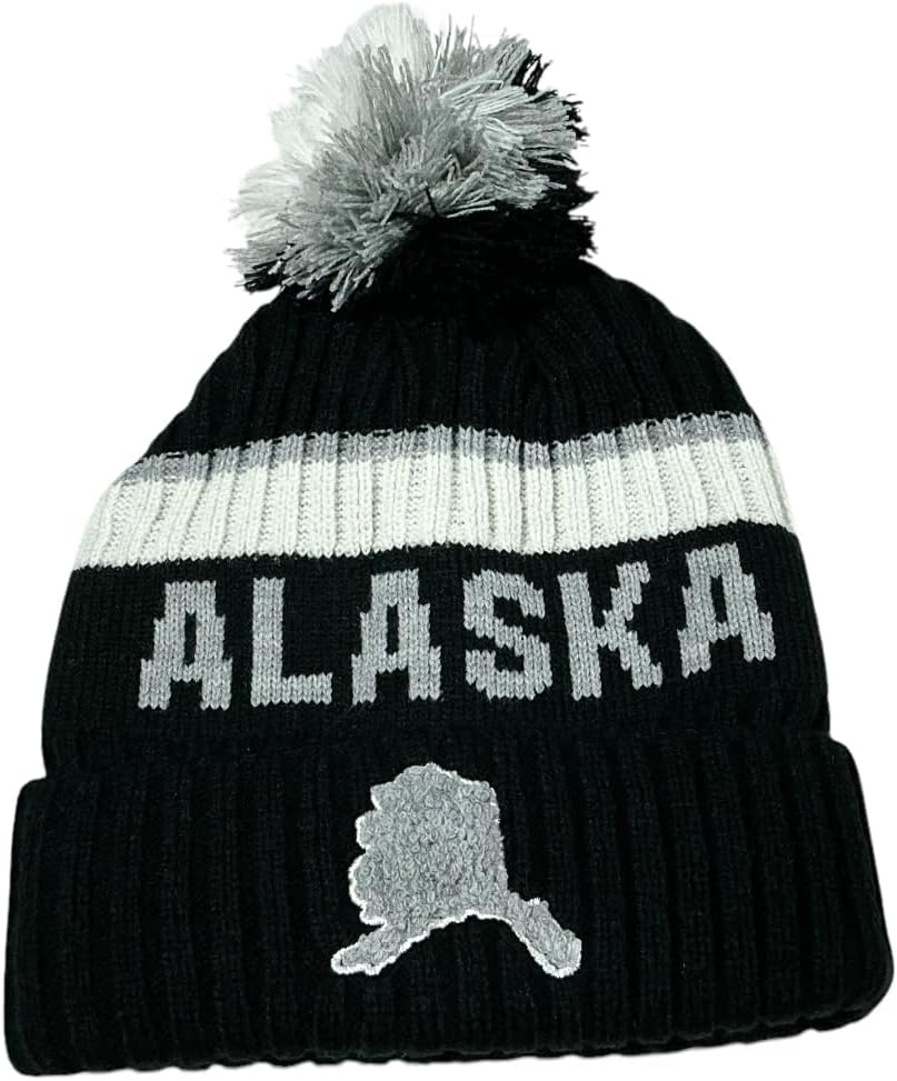 Robin Ruth Alaska Beanie Hat Heavy Black Grey White Alaska Map/Mixed Pom Pom