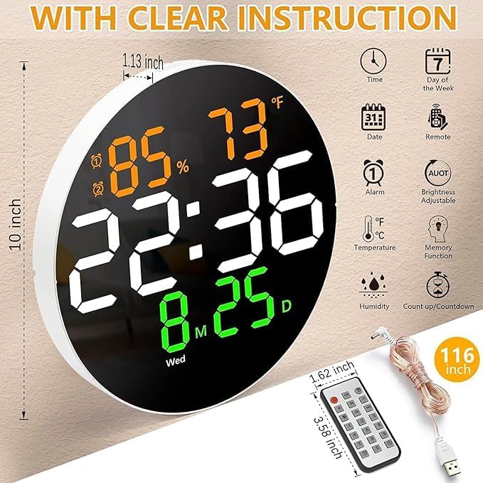Image of LED Digital Wall Clock Hanging, Auto-Adjustable Brightness, Easy to Read at Night12 /24Hr Auto-Adjustable Brightness Temperature,for Bedroom,Living Room,Office.