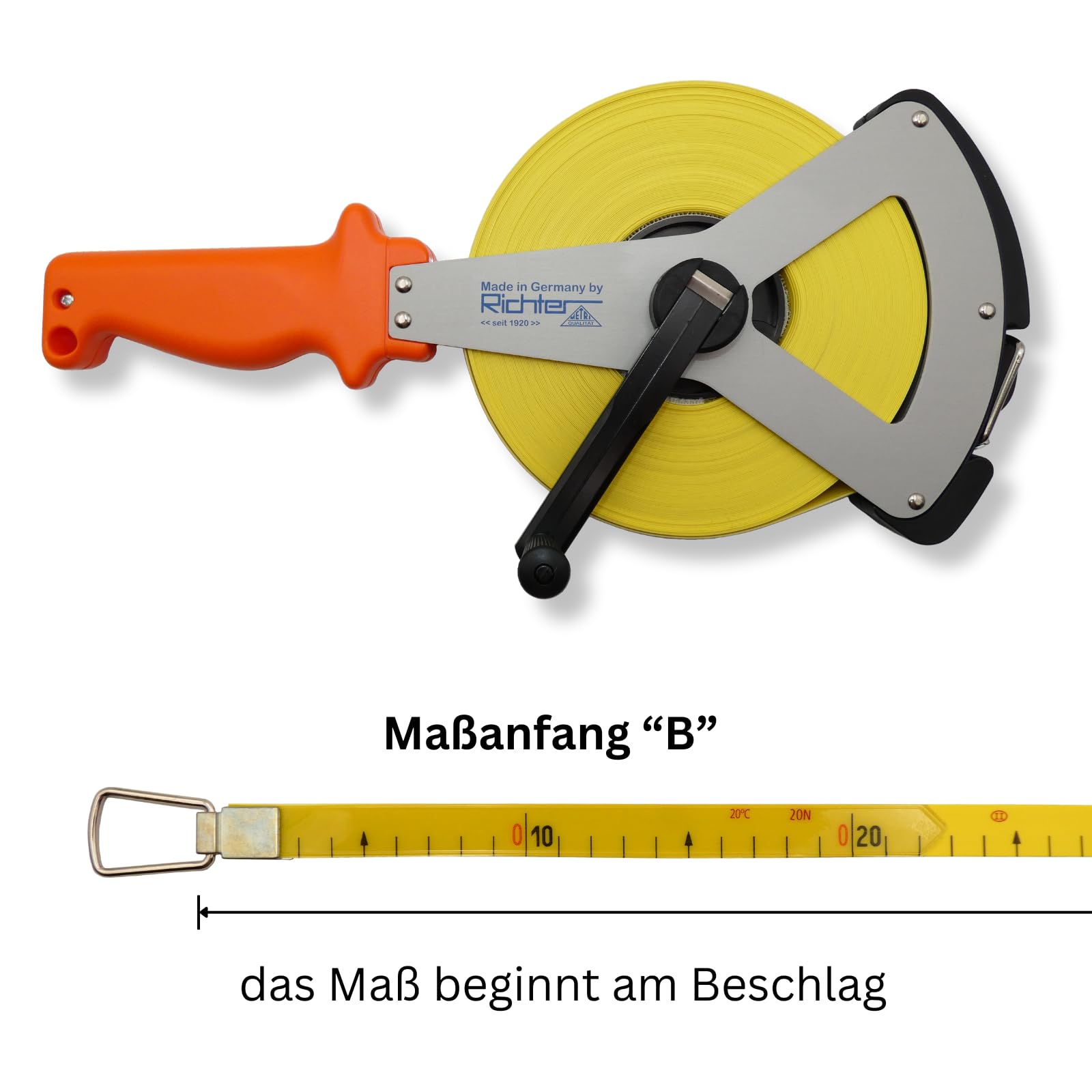 Richter Glasfaserbandmaß Bandmaß - 16mm breit mit V-Leichtmetallrahmen - Länge: 30m - Maßanfang "B" - cm-Teilung - 271V-30-B, im Set inkl. 1 St. DEWEPRO® Zollstock 2m