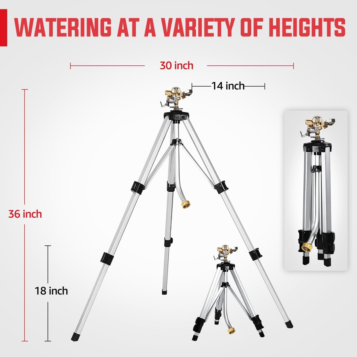 YAMATIC Tripod Impact Sprinkler for Yard Large Area, Heavy Duty Metal Lawn and Garden Sprinkler, 18"-36" Adjustable Height, 20°-360° Rotation Control, 3/4" Brass Quick Connect for Garden Hose, 1 Pack
