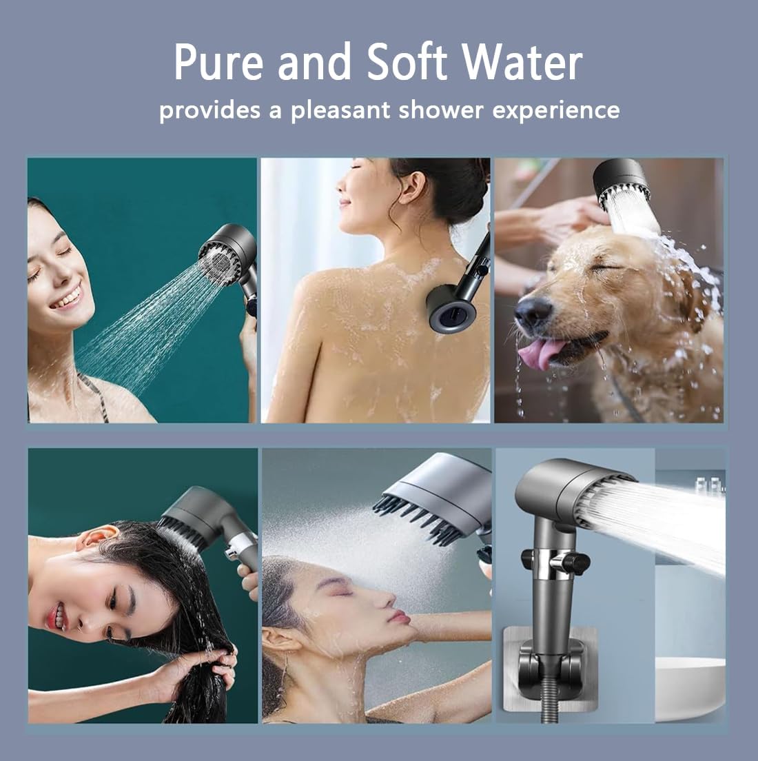 Alcachofa de Ducha de Alta Presión, Manguera de 1,5 M y soporte, 3+1 Modos de Rociado, Alcachofa Ducha Antical Ahorrador de Agua para Eliminar Cloro, para Cuidado de la Piel y Cabello(B,2M)