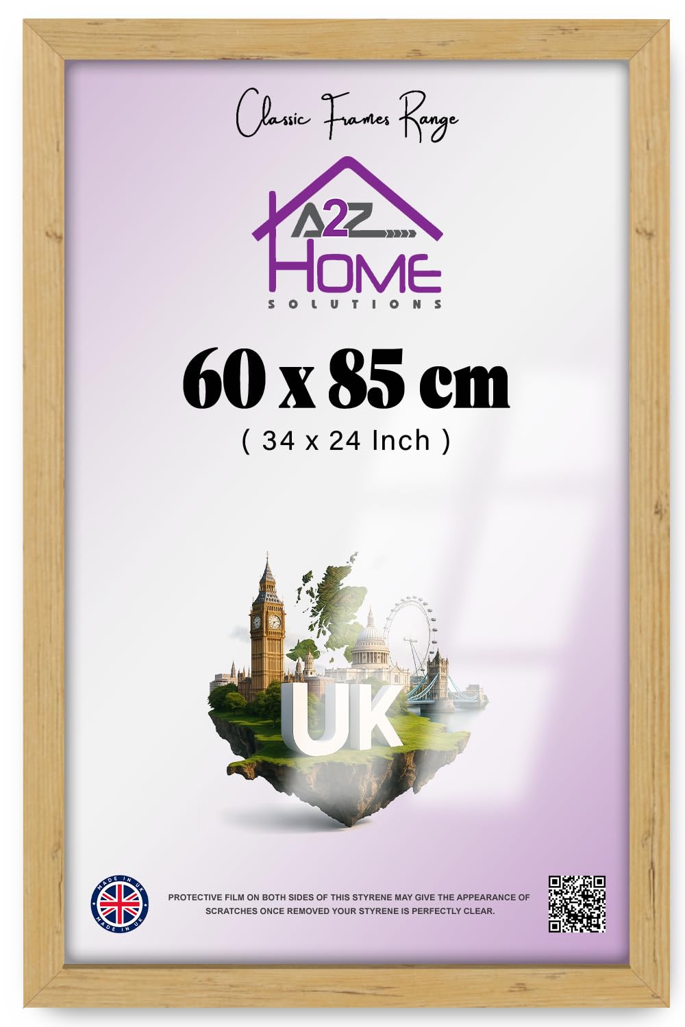 A2Z Wall Poster Frame 60x85cm – Pine Flat Eton Wood Frame with Clear Perspex, Hooks & Sawtooth Hangers, Cozy Home & Office Decor (24x34 Inch)