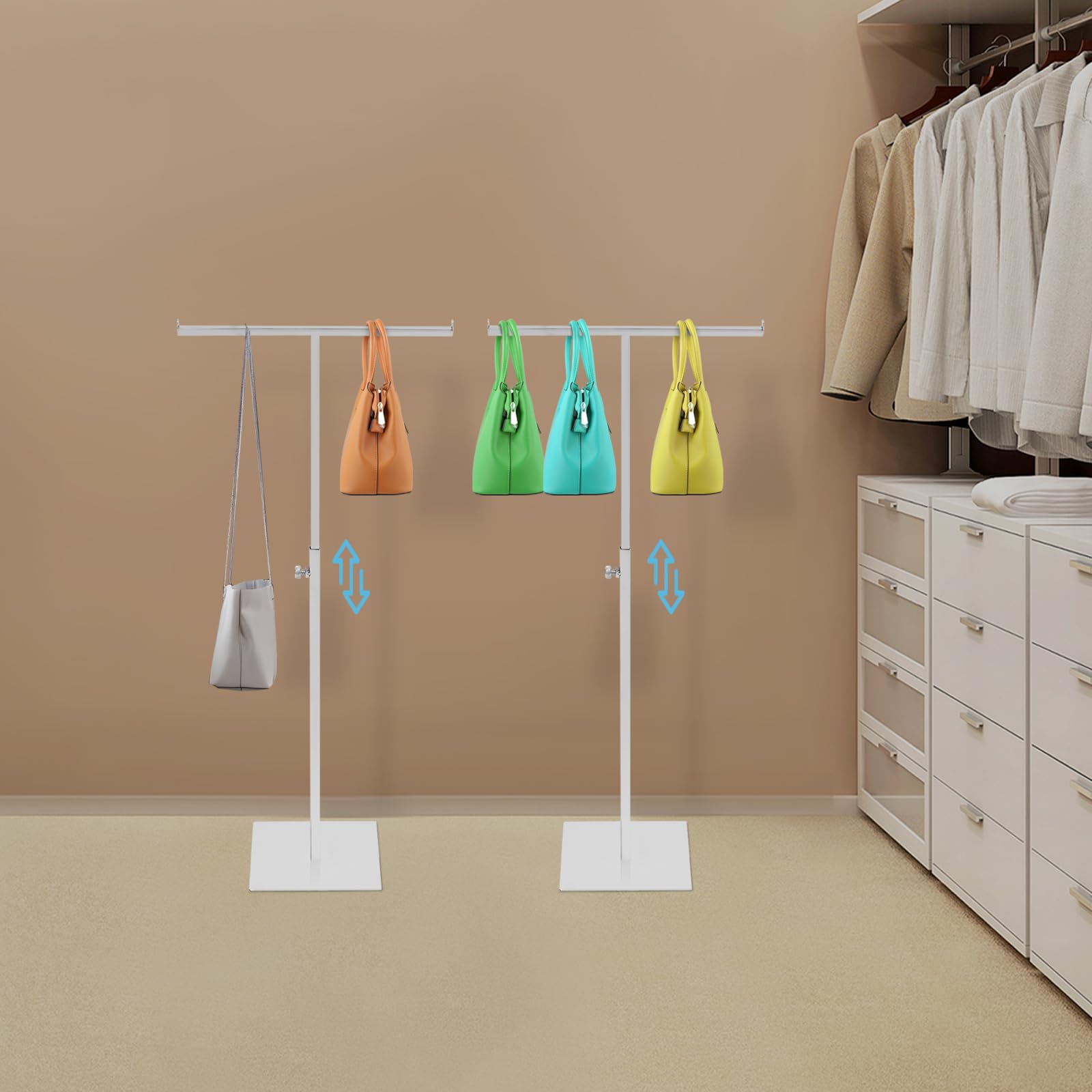 GeldböRse Display StäNder T-FöRmiger Expositor de Bolsos Ajustable de Metal Acero Inoxidable, Multifuncional para Bolsos de Hombro y Accesorios (Plata)