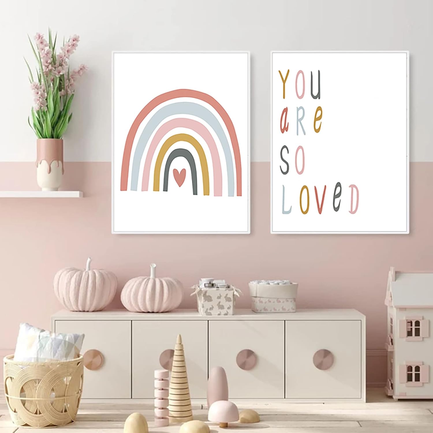 You Are So Loved Canvas Wall Art Nursery Art Prints Pink Heart Rainbow Nursery Wall Art Boho Wall Art Prints Boho So Loved Nursery Artworks Picture Decor for Baby Kids Room Decor Unframed 16*24 inch*3